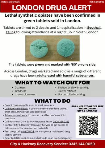 Green circular pill marked with “80”, linked to two deaths in London and found to contain MDMA, ketamine, and the synthetic opioid Isotonitazene